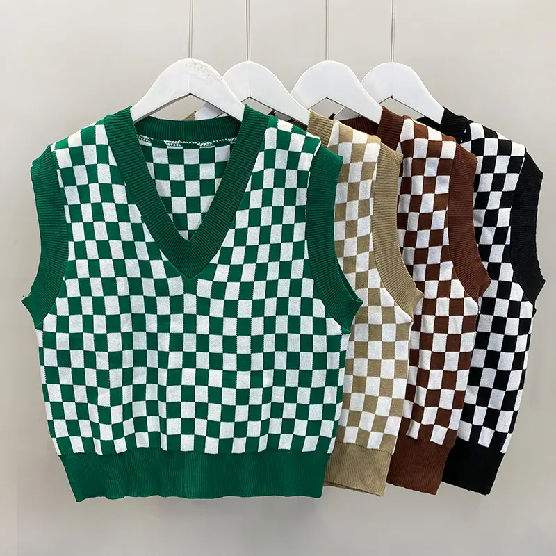 Checkerboard Pattern Knit Sweater Vest (4 colours)