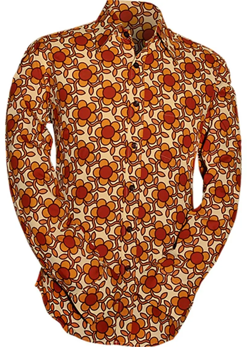 Chenaski Flowergrid 70's Shirt Cream Rust Orange