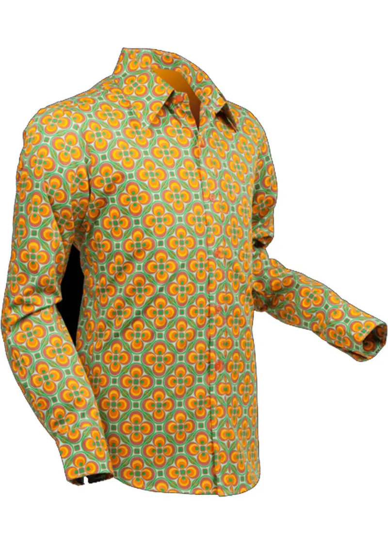 Chenaski Men's Dotsgrid 70s Shirt Green Orange