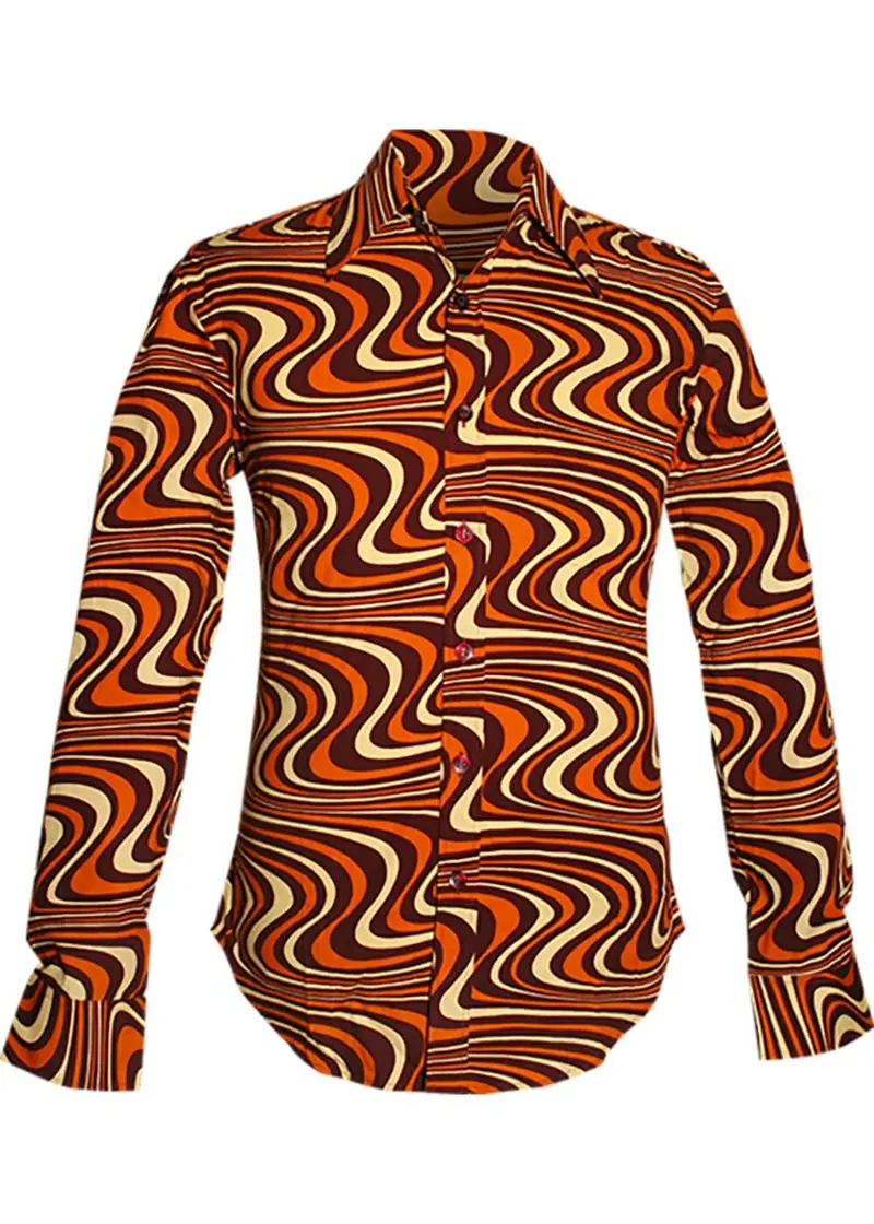 Chenaski Men's Wavyline 70s Shirt Brown Orange Cream