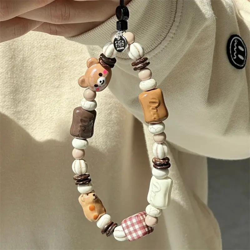 Chocolate Cookie Teddy Bear Beaded Wrist Strap