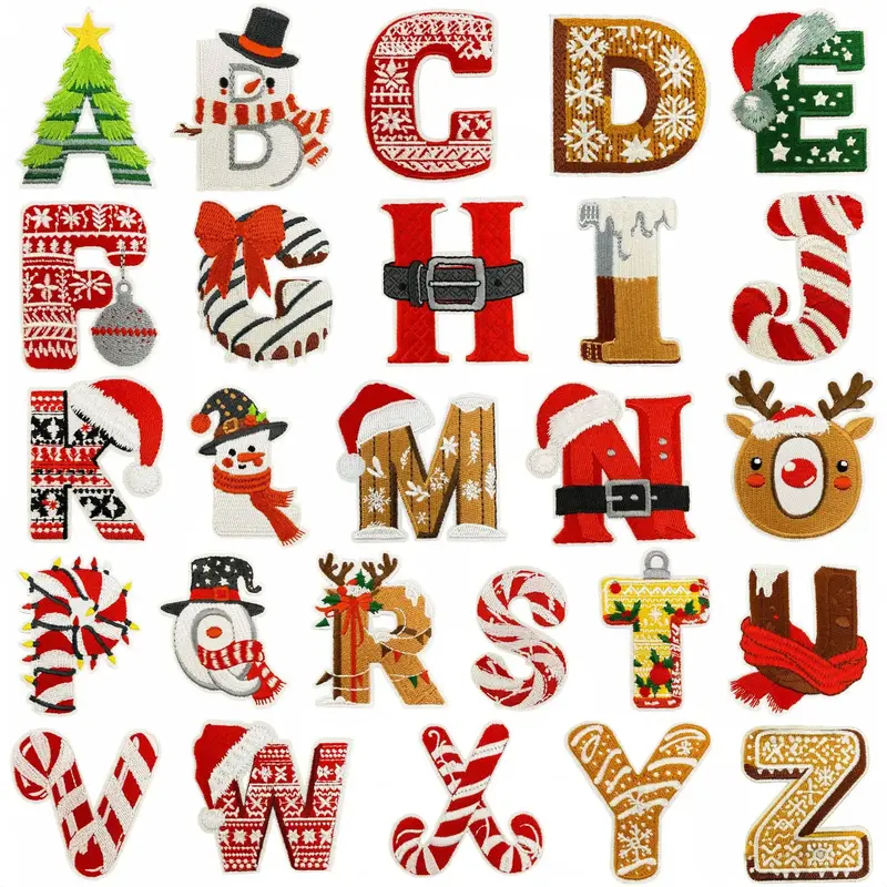 Christmas Themed A to Z Initial Embroidered Iron-On Patch