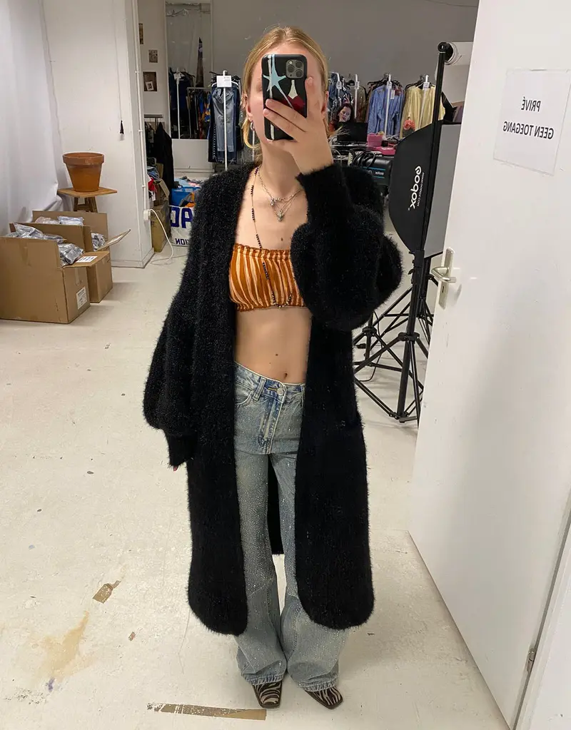 Chunky knit balloon sleeve long cardigan