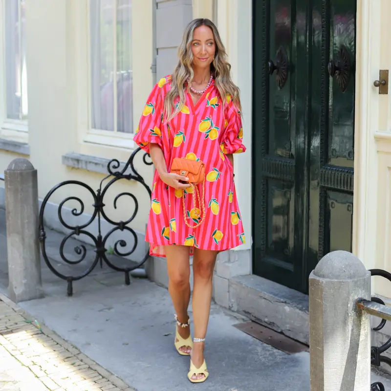 Citroenen streep jurk fuchsia rood