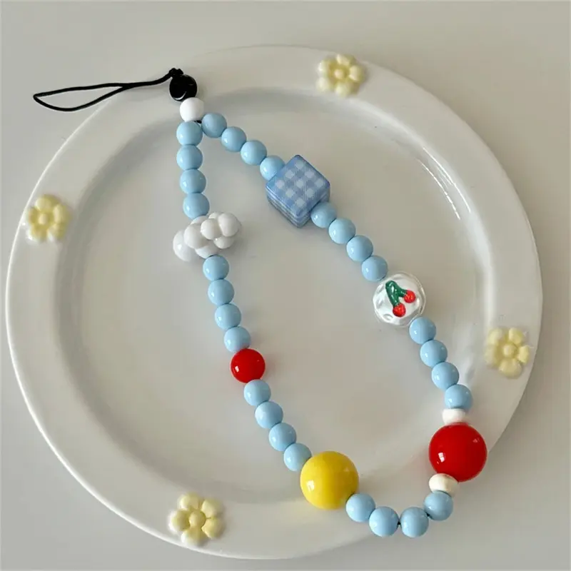 Cloud and Cherry Blue Beaded Wrist Strap