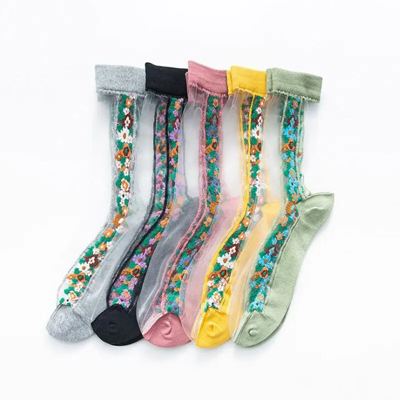 Colourful Transparent Flower Crew Socks (5 Colours)