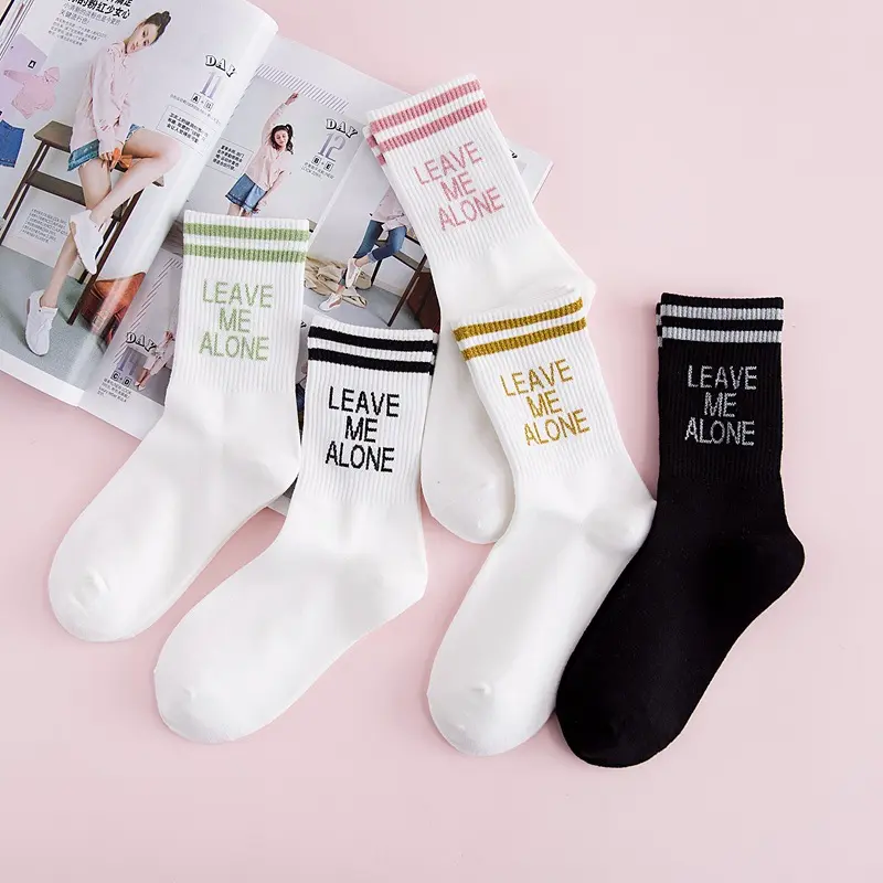 Contrast Stripe "Leave Me Alone" Crew Socks