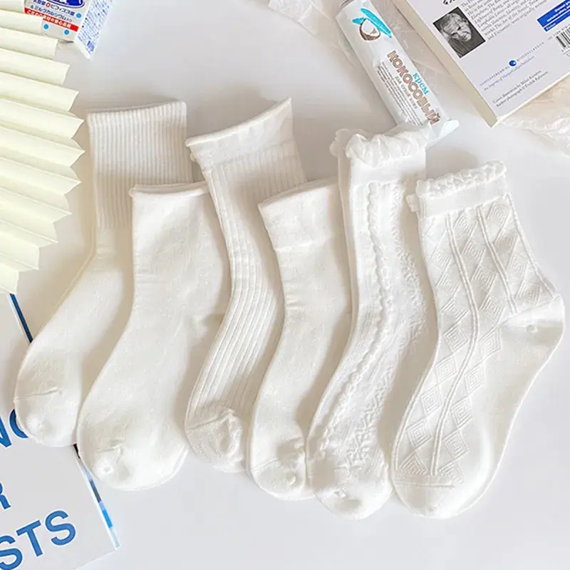 Coquette White Texture Crew Socks (6 Designs)