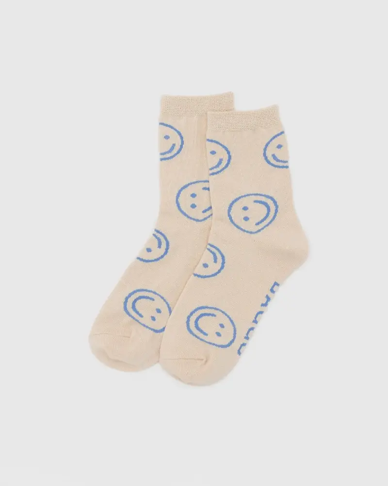 Crew Socks - Ecru Periwinkle Happy