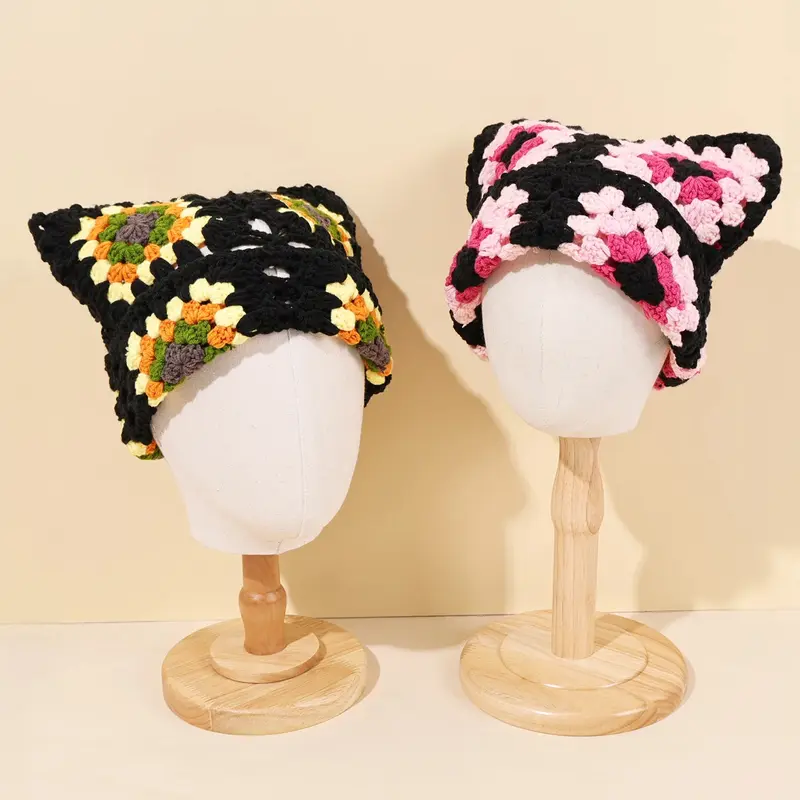 Crochet Granny Square Kitty Ear Beanie Hat (9 Colours)