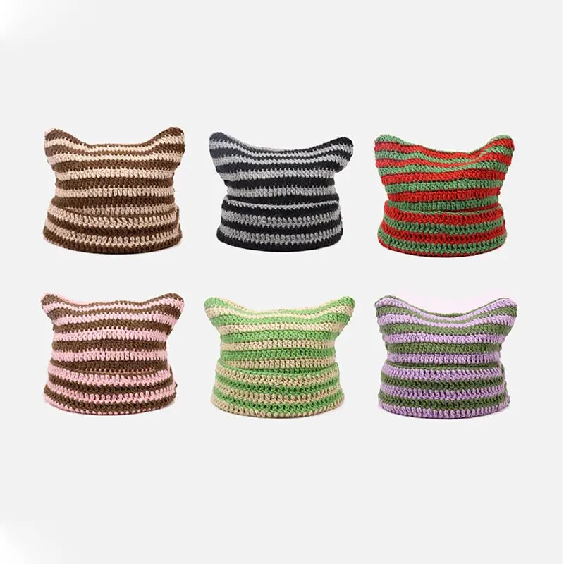 Crochet Striped Kitty Ear Beanie Hat (10 Colours)