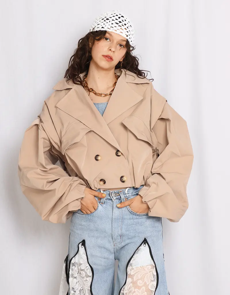 Cropped balloon sleeves trenchcoat