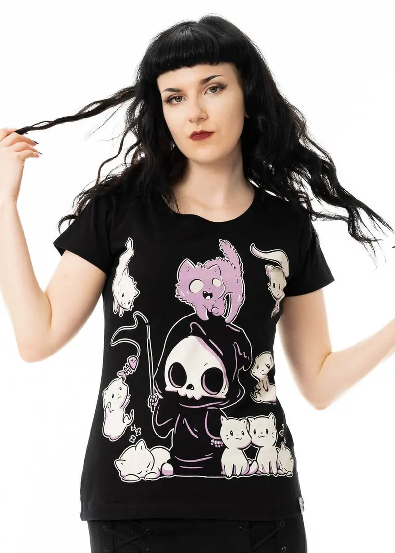 Cupcake Cult Nine Lives Cat Girly T-Shirt Black