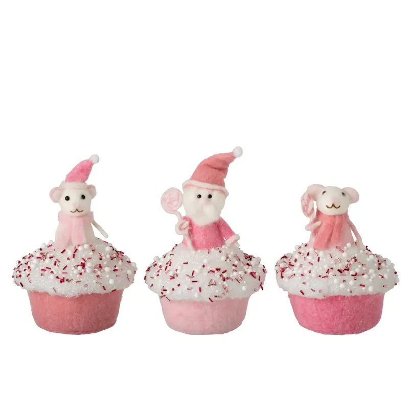 Cupcakes Muis En Kerstman Wol Roze/Wit Set Van 3 J-Line
