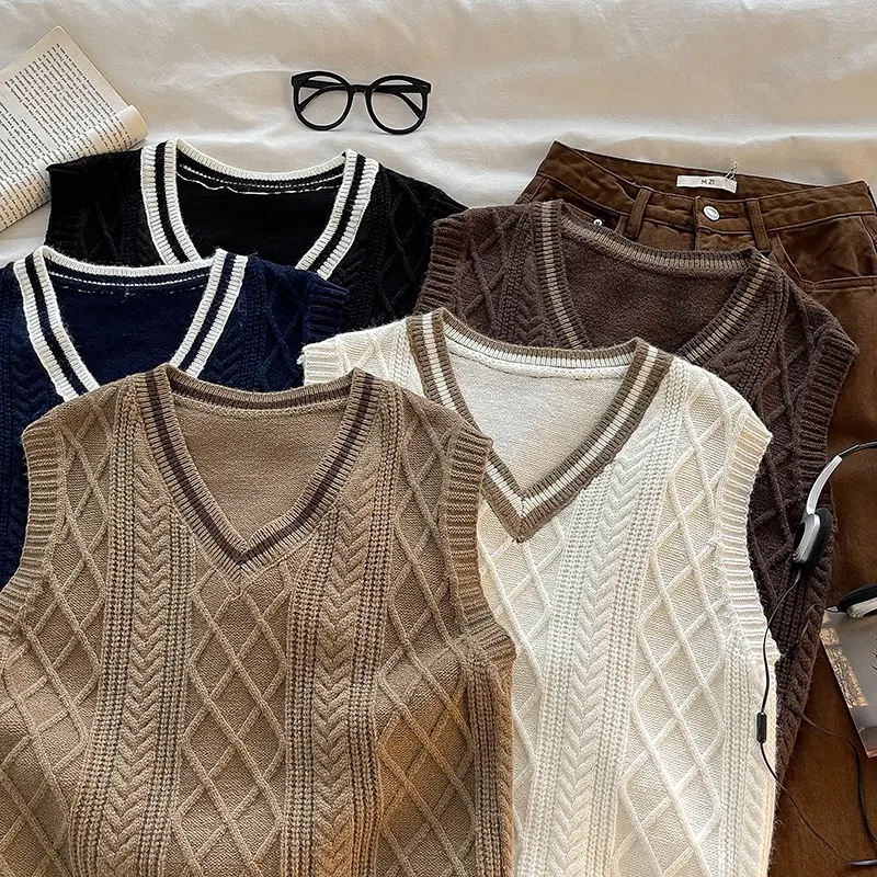 Dark Academia Contrast Stripe Cable Knit Sweater Vest (5 colours)