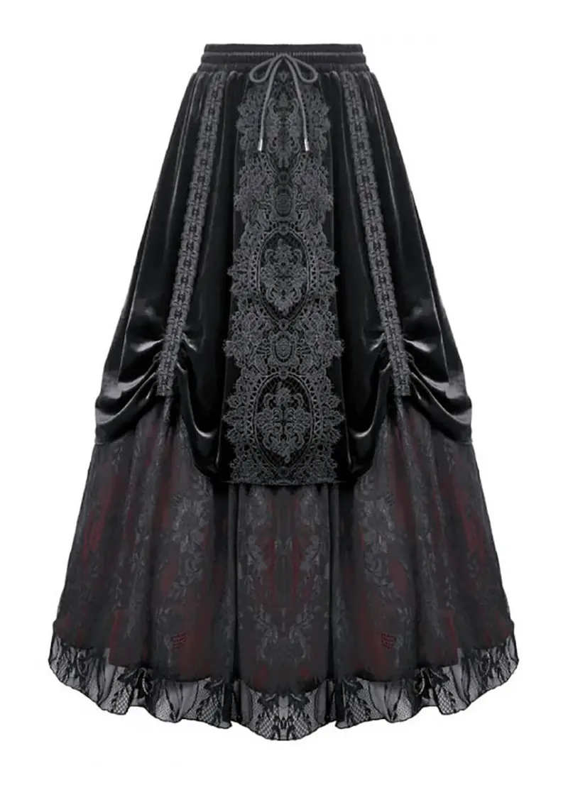 Dark In Love Baroque Velvet Maxi Skirt Black Red