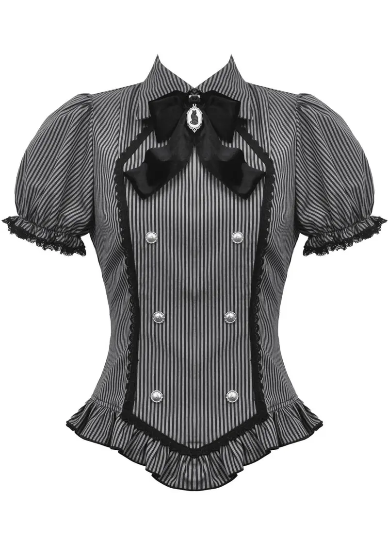 Dark In Love Lovett Cat Cameo Stripe Blouse Grey