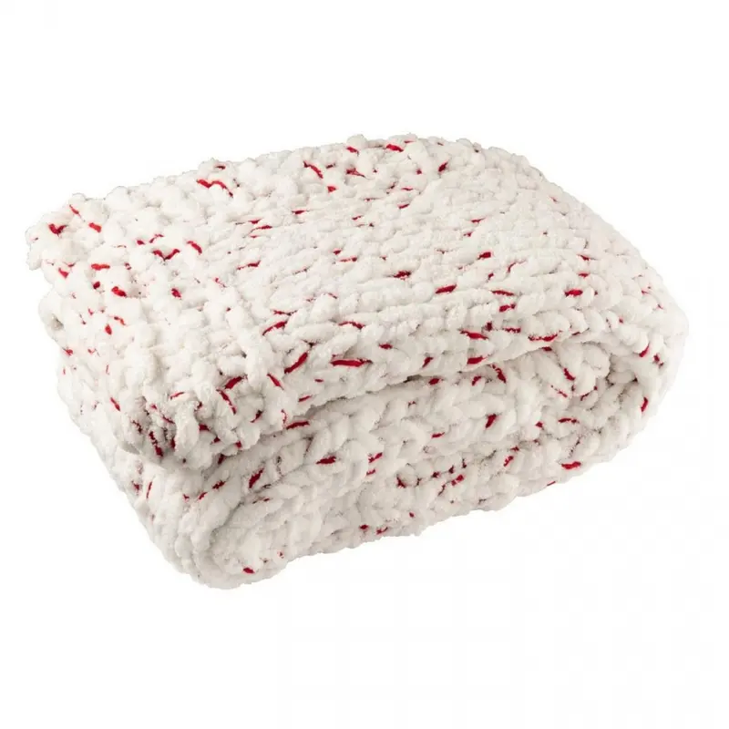 Deken Gebreeën Polyester Wit/Kerstrood J-Line