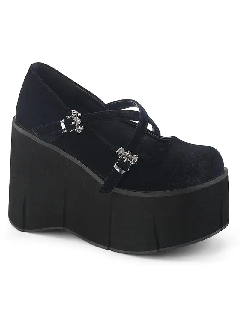 DemoniaCult Kera 10 Velvet Bat Platform Mary Janes Black