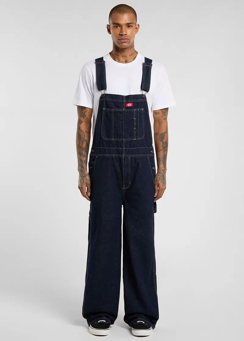 Dickies Men's Loose Denim Bib Overalls Rinsed Blue