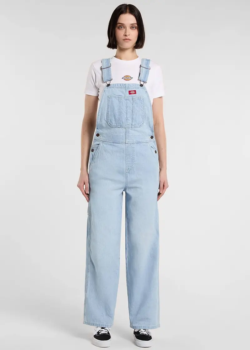 Dickies Women Loose Denim Bib Dungarees Fog Blue