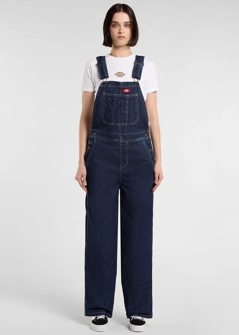 Dickies Women's Loose Denim Bib Overalls Dark Indigo