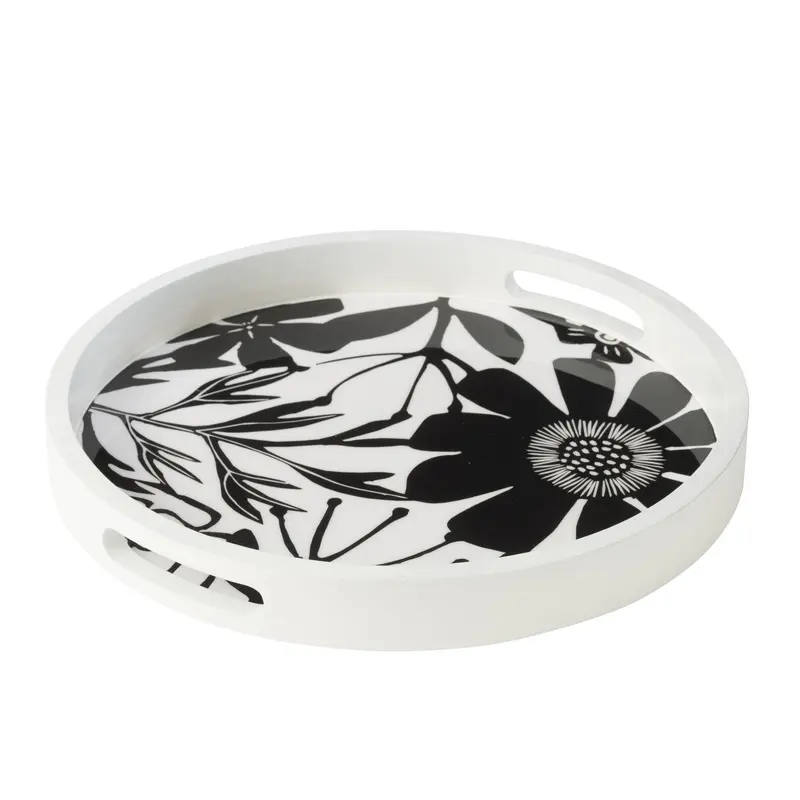 Dienblad Rond Met Handvaten Bloemen Mangohout Zwart/Wit J-Line