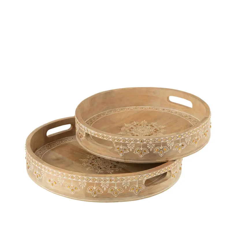 Dienbladen Met 2 Handvaten Kralen Mango Hout Naturel/Wit Set van 2 J-Line