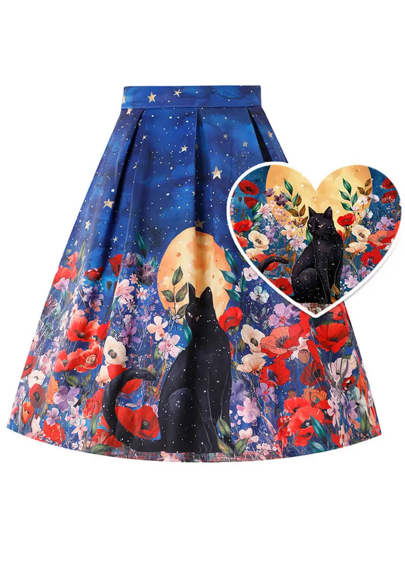 Dolly & Dotty Aisley Black Cat Midnight Garden 50s Swing Skirt Blue