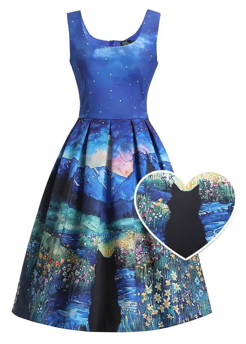 Dolly & Dotty Amanda Black Cat Starry Night Swing Dress Navy