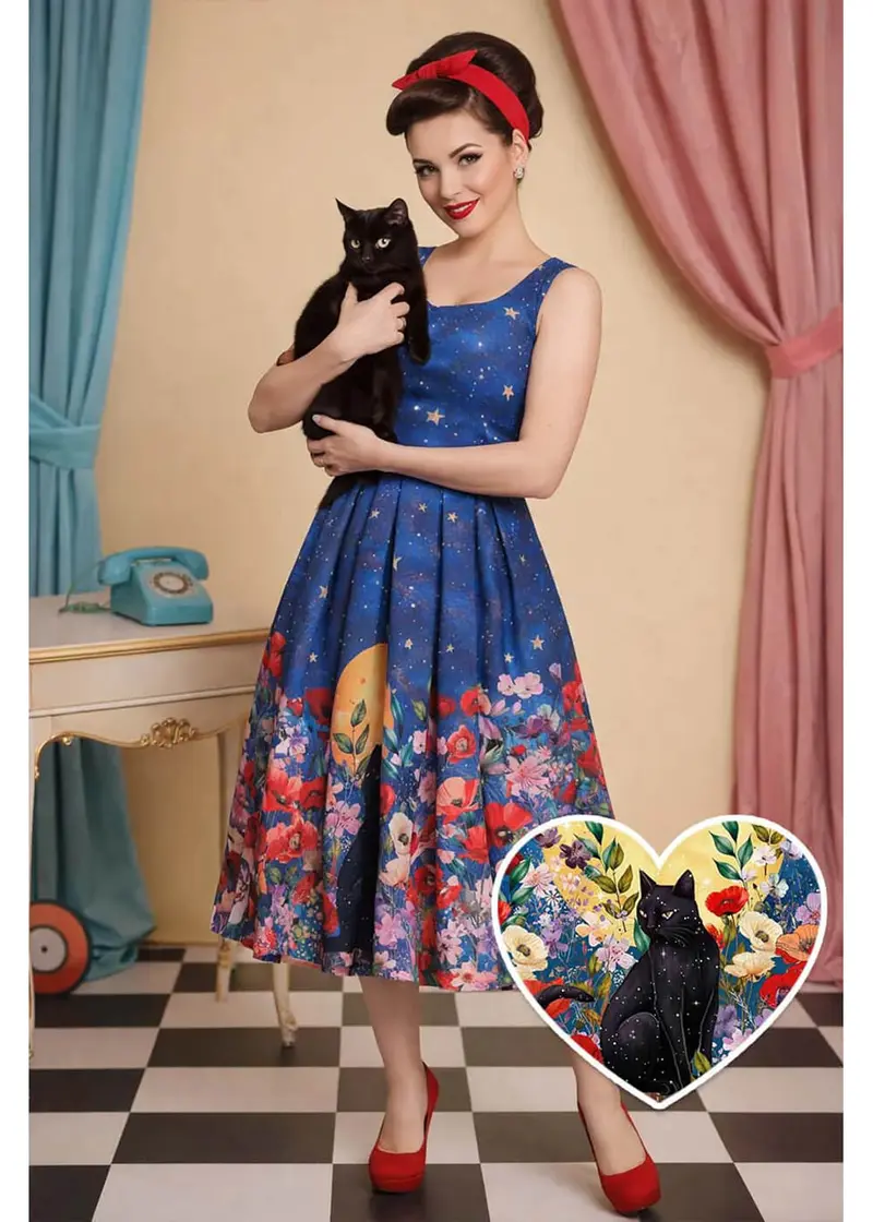 Dolly & Dotty Amanda Cat Midnight Garden 50s Swing Dress Navy
