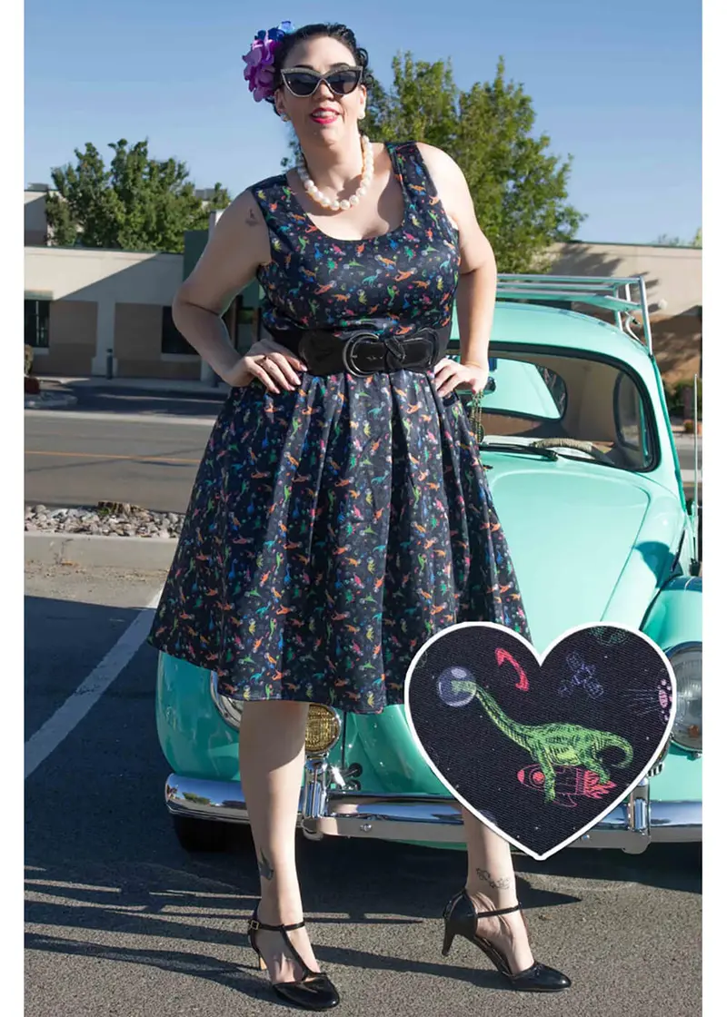 Dolly & Dotty Amanda Dinosaur In Space 50's Swing Dress Black