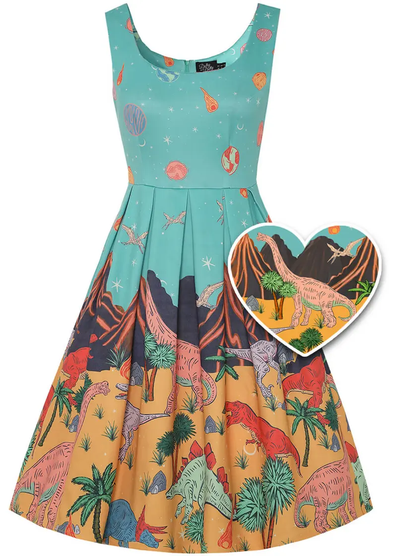 Dolly & Dotty Amanda Dinosaur World 50s Swing Dress Turquoise