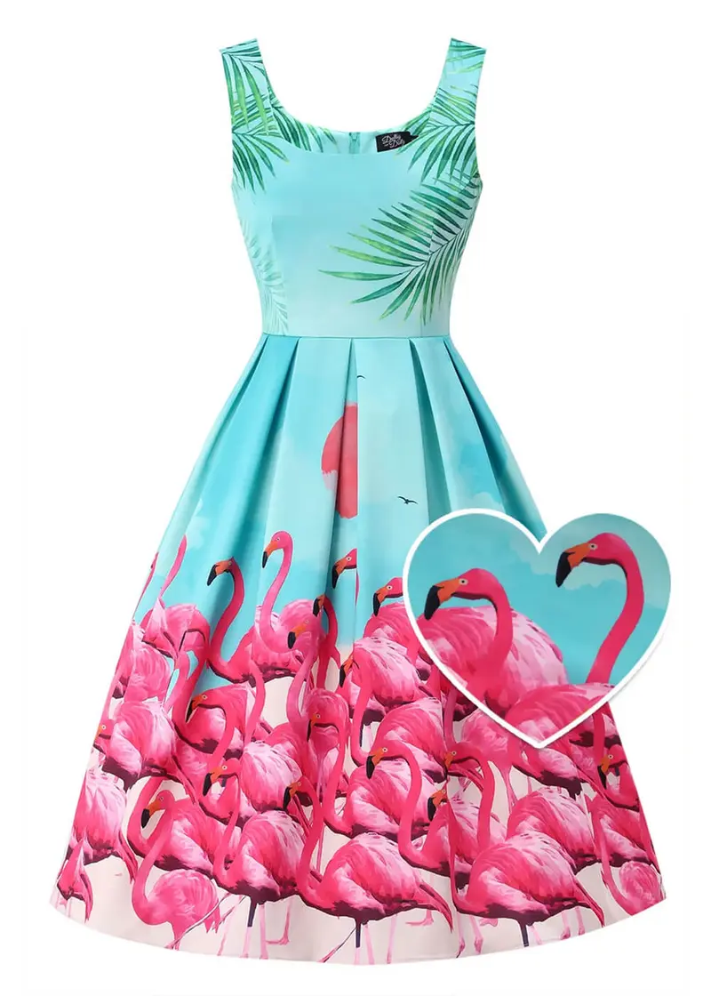 Dolly & Dotty Amanda Flamingo 50s Swing Dress Turquoise