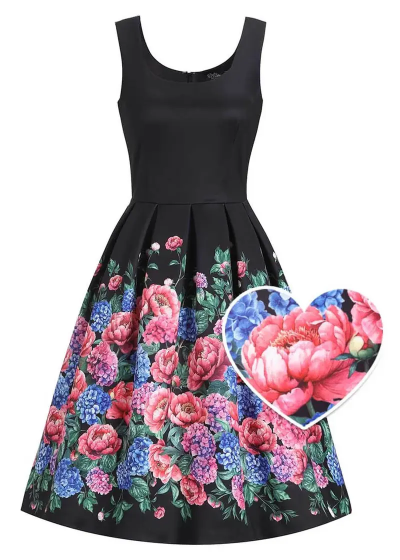 Dolly & Dotty Amanda Hydrangea Garden 50s Swing Dress Black