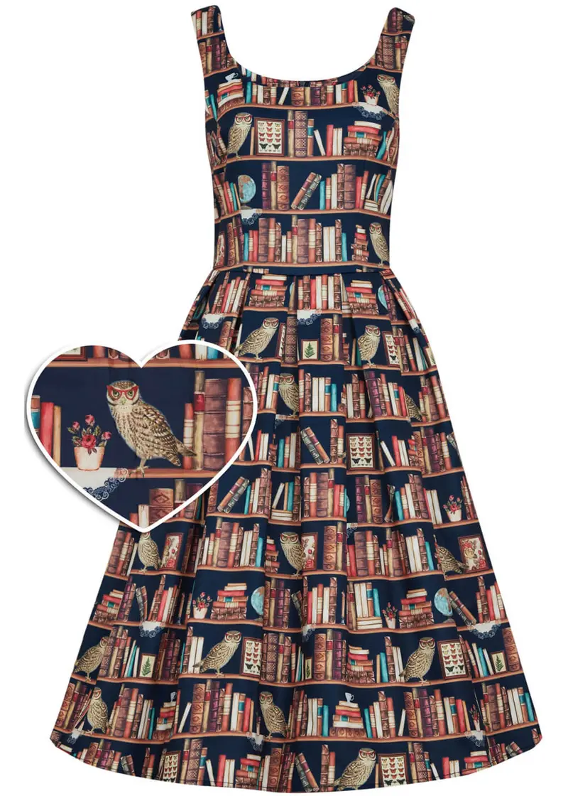 Dolly & Dotty Amanda Library Book Owl 50s Swing Dress Brown