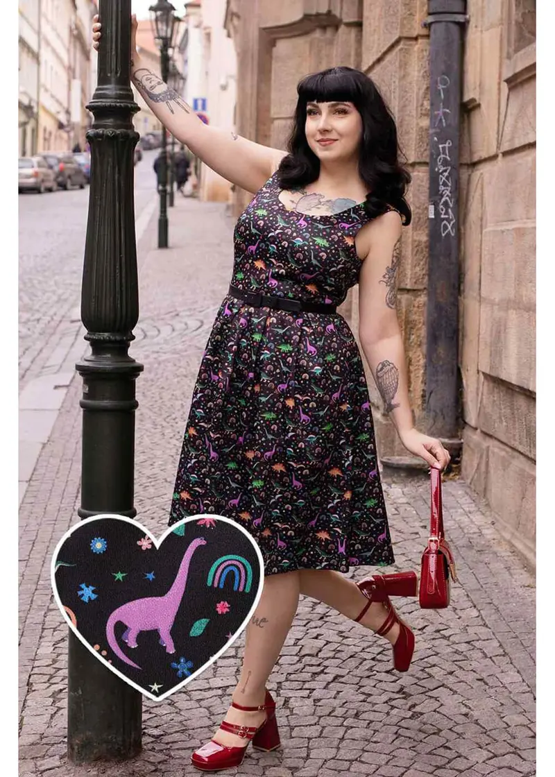 Dolly & Dotty Amanda Rainbow Dinosaur 50s Swing Dress Black