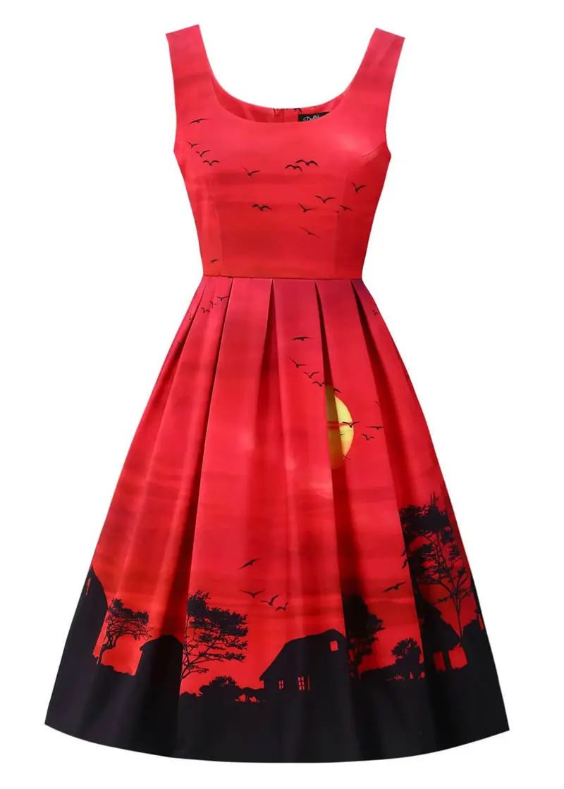 Dolly & Dotty Amanda Red Sunset 50s Swing Dress Red