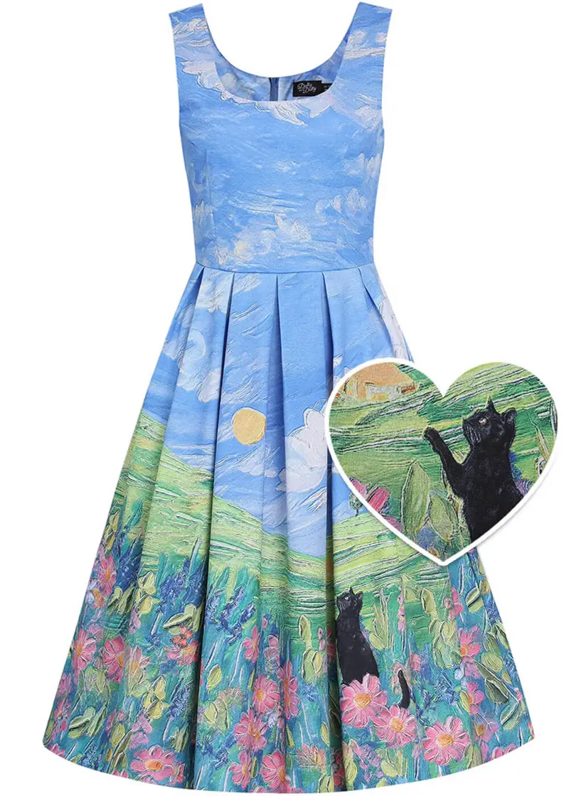 Dolly & Dotty Amanda Whimsical Cat in Bloom 50s Swing Dress