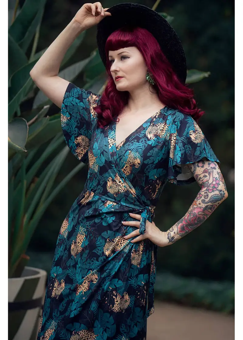 Dolly & Dotty Georgina Cheetah & Palm Maxi Wrap Dress Black