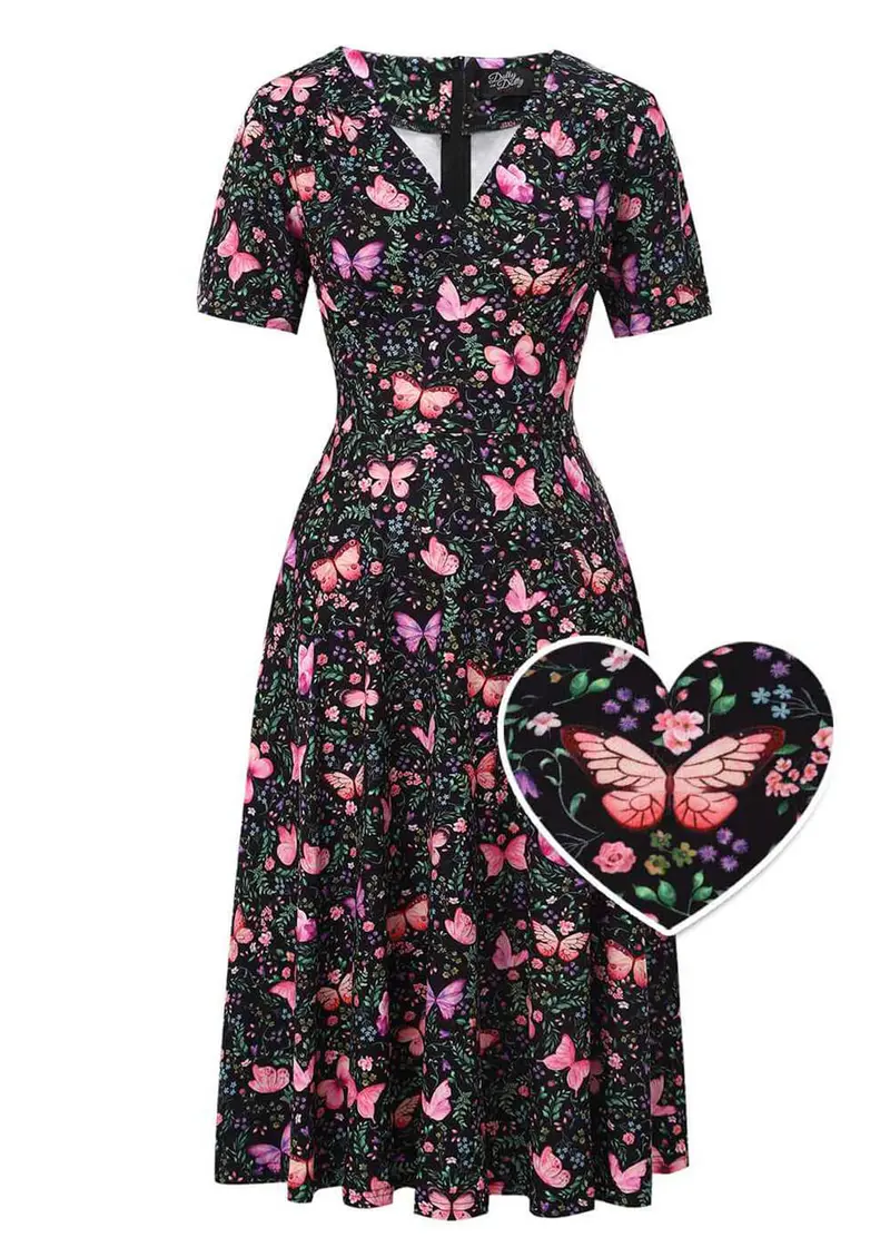 Dolly & Dotty Julia Butterfly Garden 40s A-Line Dress Black
