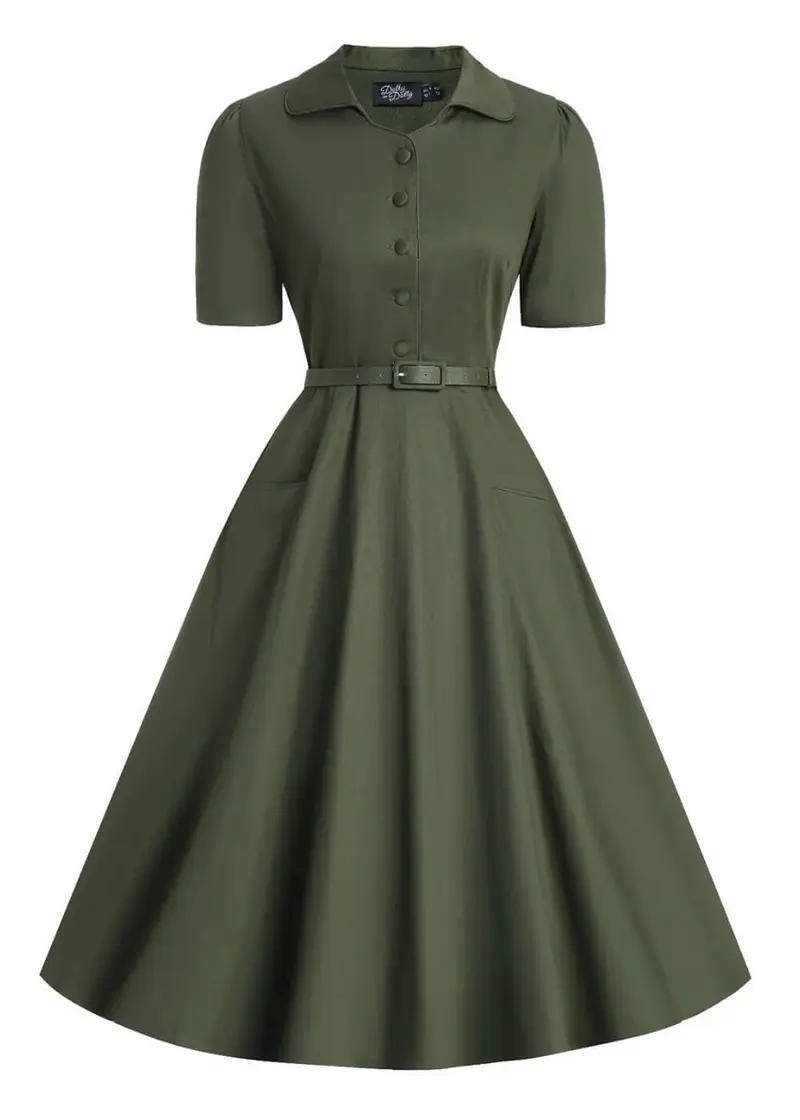 Dolly & Dotty Mabel 50's Swing Dress Olive Green