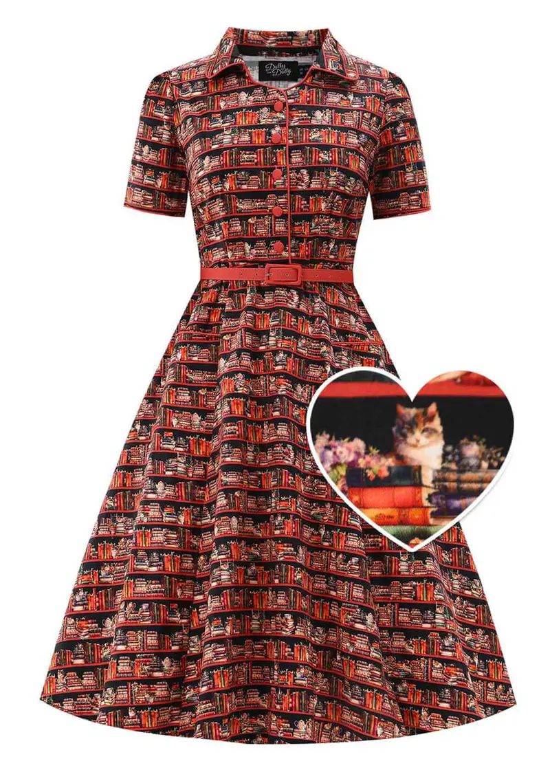 Dolly & Dotty Mabel Cat & Book 50's Swing Dress Brown