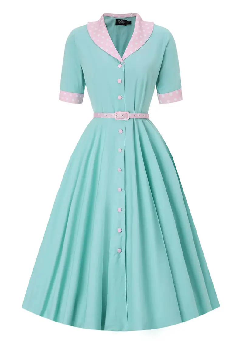Dolly & Dotty Mabel Polkadot 50s Swing Dress Mint Blue Pink