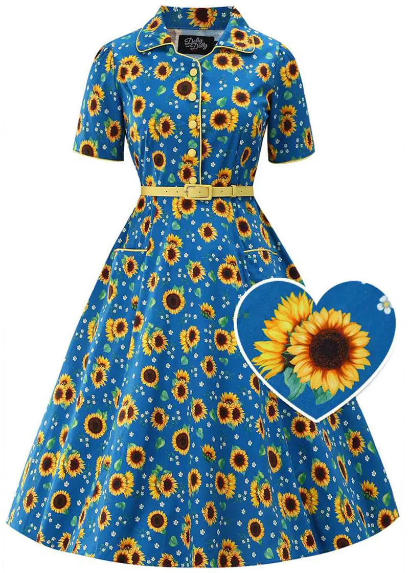Dolly & Dotty Mabel Sunflower 50's Swing Dress Blue