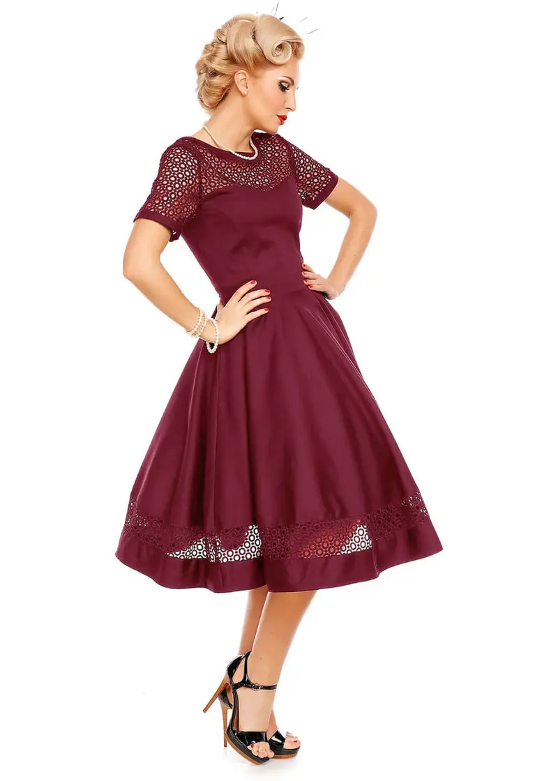 Dolly & Dotty Tess Embroidered 50's Swing Dress Burgundy
