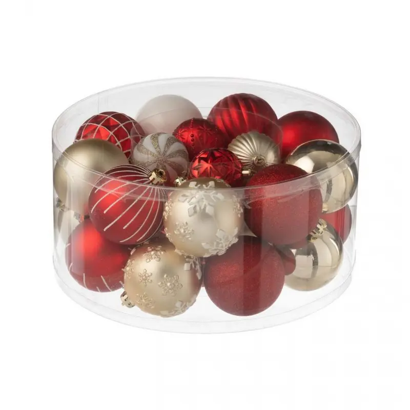 Doos Van 30 Kerstbal Plastiek Kerstrood/Goudkleurig
