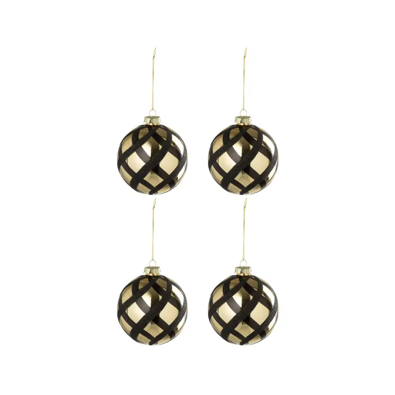 Doos Van 4 Kerstbal Geruit Glas Goudkleurig/Zwart J-Line