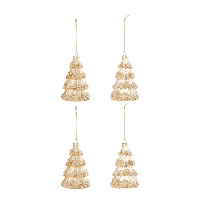 Doos Van 4 Kerstboom Ornament + Kralen Glas Goudkleurig J-Line