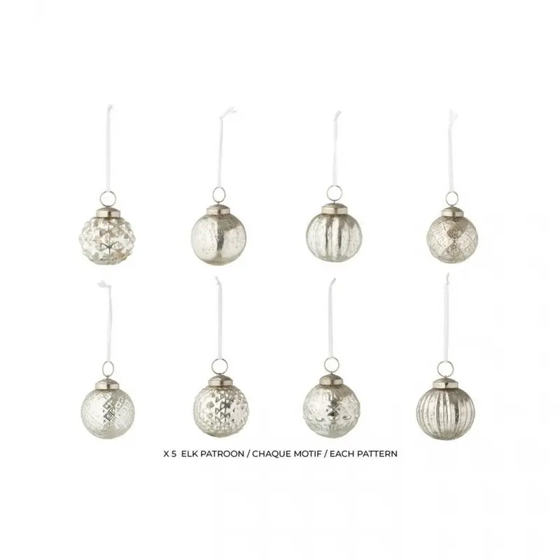 Doos Van 40 Kerstbal 8 Patronen Glas Zilverkleurig J-Line